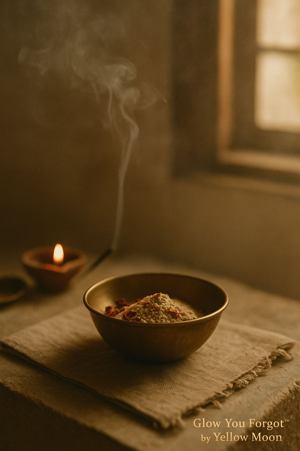 Bowl with smoke and lit candle on a textured surface, 'Glow You Forgot by Yellow Moon' text visible.