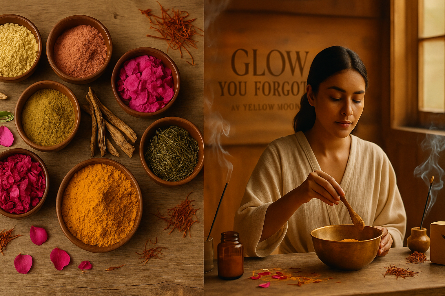 Woman preparing a ritual with various powders and herbs on a wooden table.