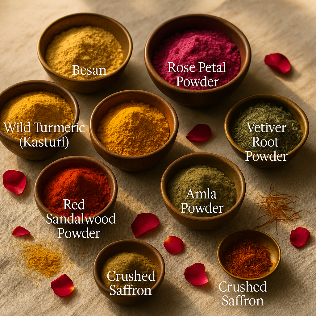 Various powdered spices in bowls on a textured surface with labels.