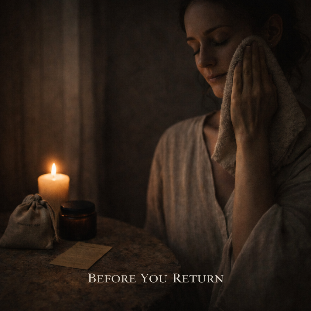 Woman in a dimly lit room with a candle and towel, text 'Before You Return' at the bottom.