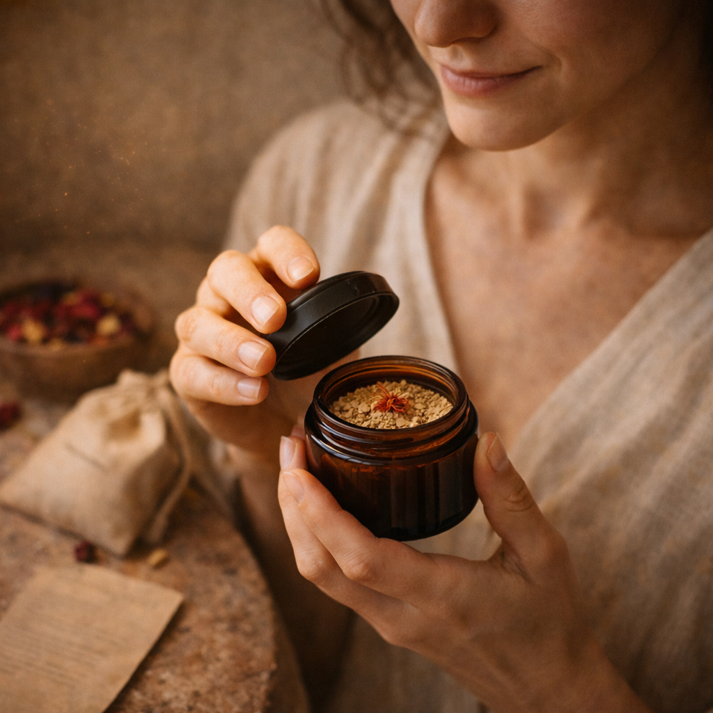 Person holding a jar of dried herbs with a rustic background