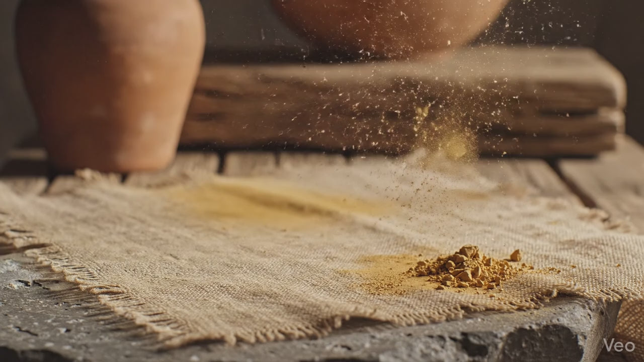 Load video: Cinematic slow-motion video showing a sacred skincare ritual with natural powders, jars, and muslin pouch. A ritual of remembering.