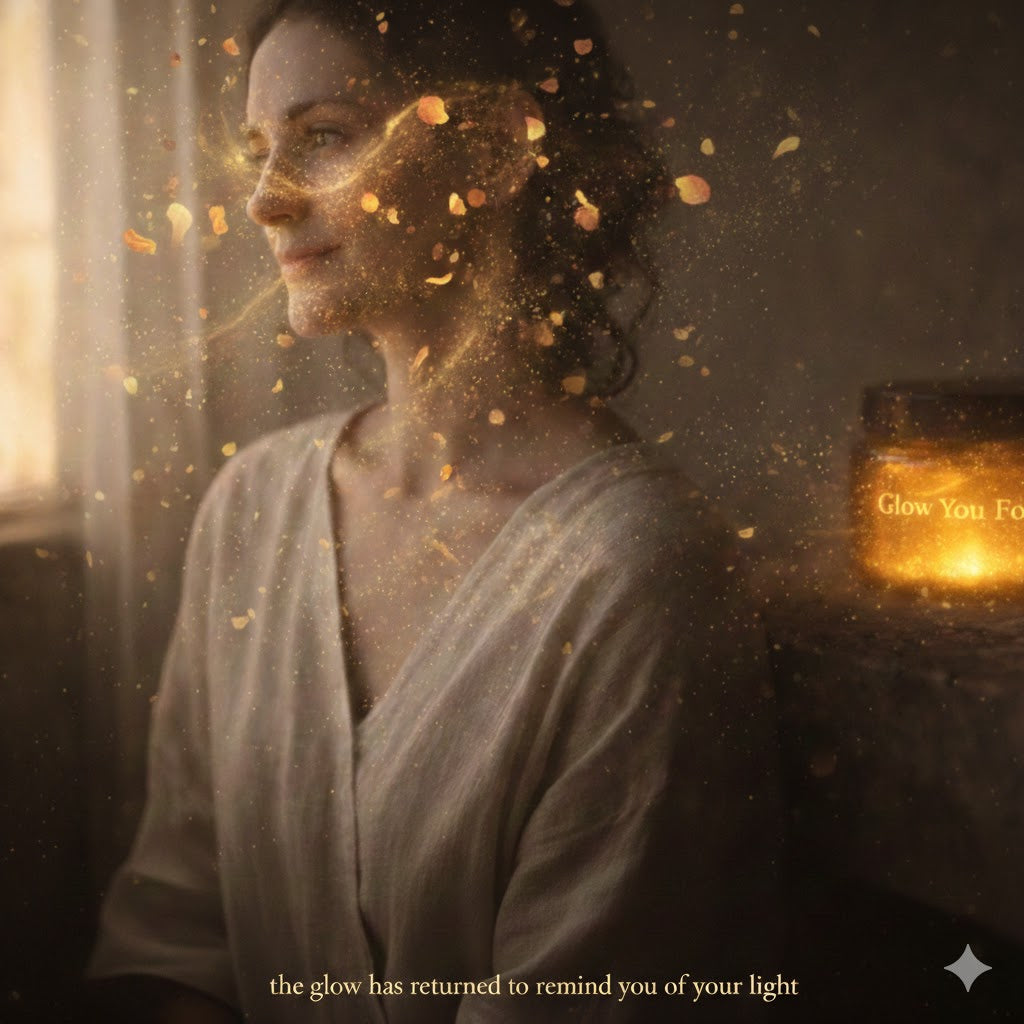 A woman looking peacefully out a window, her skin catching a warm "haldi-gold" light. She is surrounded by a magical, shimmering trail of gold dust and petals. The atmosphere is quiet and grounded. A soft amber jar is visible in the background, and the caption at the bottom says: "the glow has returned to remind you of your light.