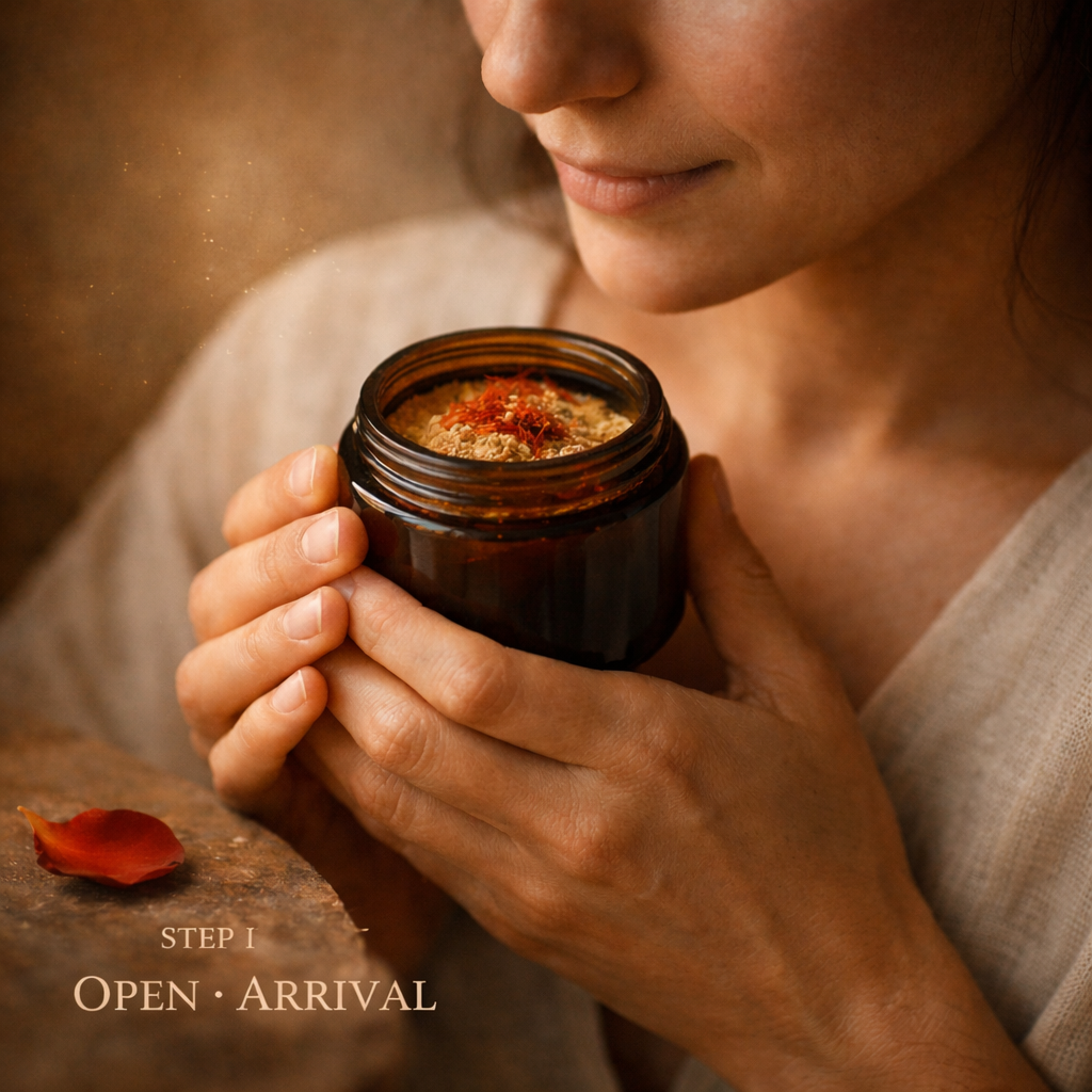 Woman holding a jar of earthy powders and inhaling the scent