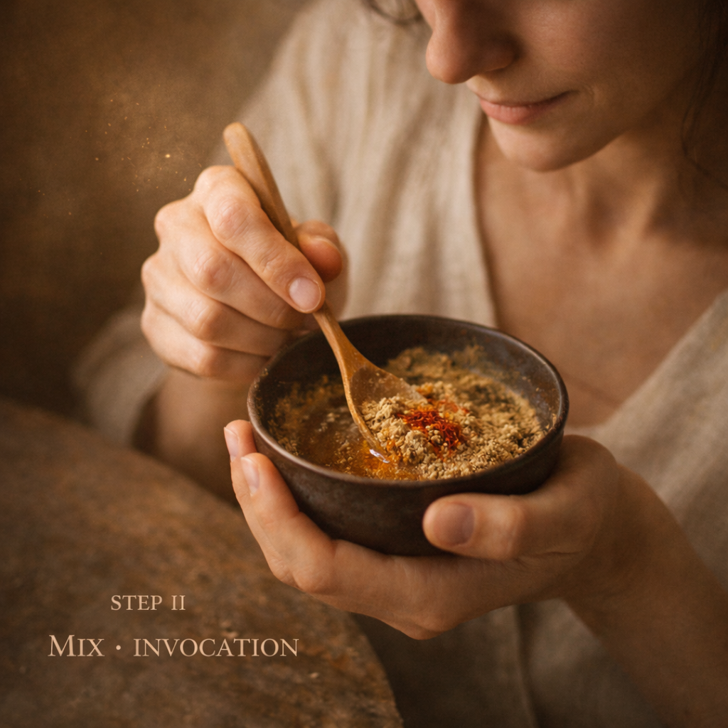 Person holding a bowl with powders and a wooden spoon, with text 'Step II Mix - Invocation' on a warm-toned background.