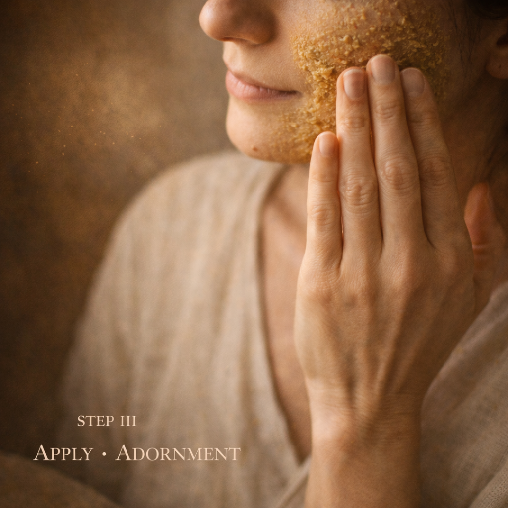 Person applying a glow you forgot powder with a text overlay 'Step III Apply Adornment' on a warm-toned background.
