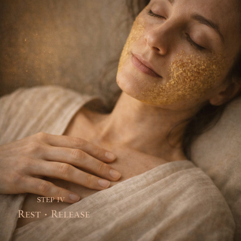 Woman with a glow you forgot powder mask on, with text 'Step IV Rest Release' at the bottom.