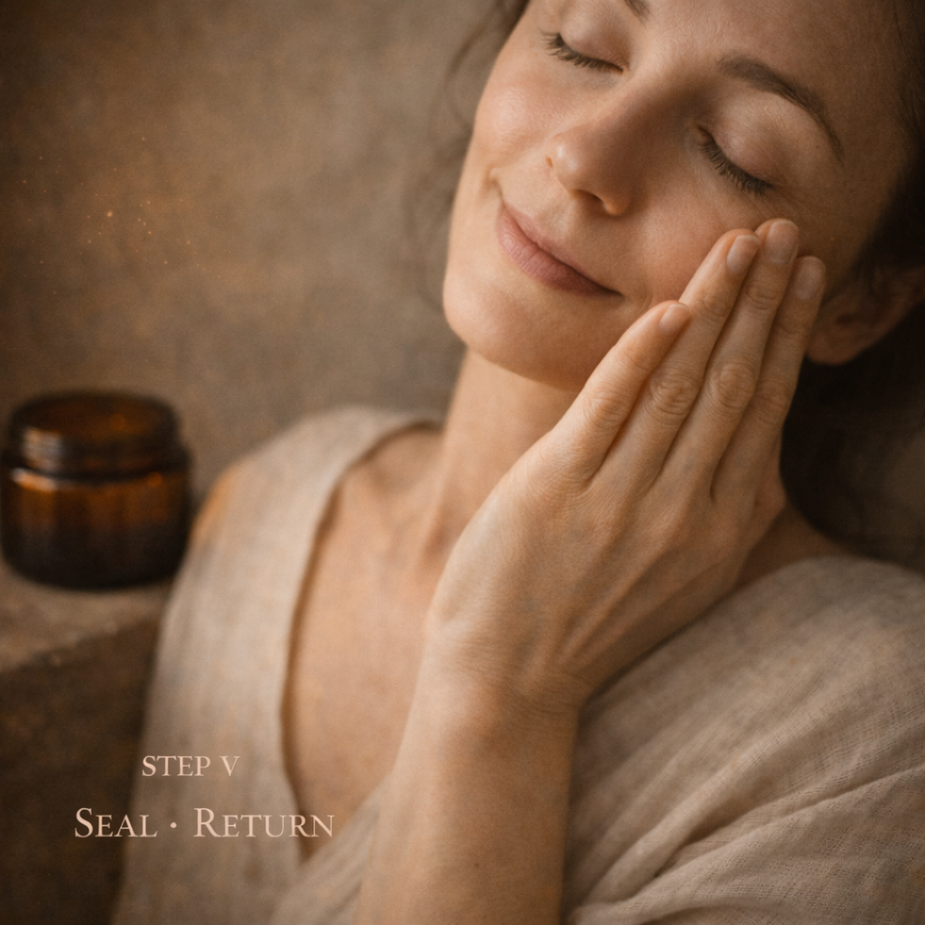 Woman with closed eyes holding her face, with a jar in the background, on a warm-toned background.