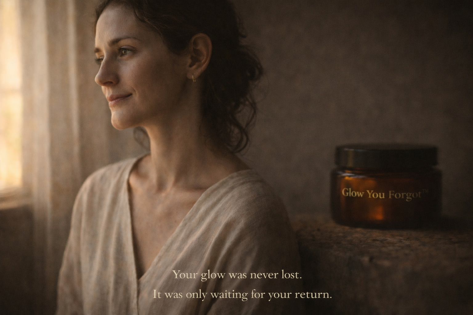Woman sitting in a warm, softly lit room with a jar labeled 'Glow You Forgot'.